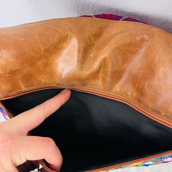 Brown Leather Fringe BOHO Embroidered Western Pattern Crossbody Flap Bag - Picture 9 of 15